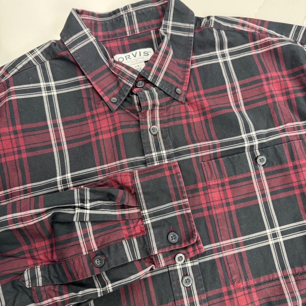 Orvis Button Down Shirt Mens L Red Black Plaid Heavyweight Classic Collection